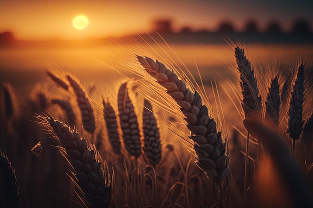 The sun is setting over a wheat field generative AI