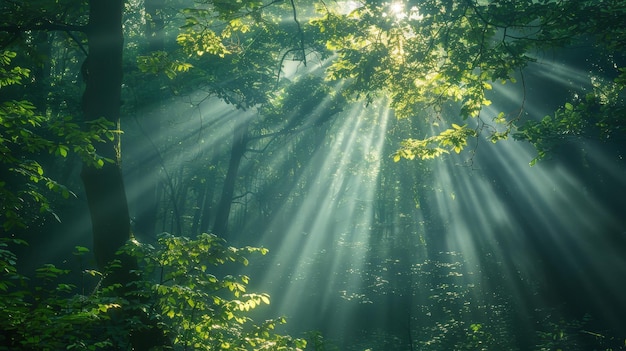 Photo the sun is shining through the trees creating a beautiful and peaceful atmosphere the light is casti