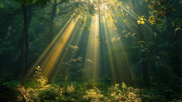 Photo the sun is shining through the trees creating a warm and peaceful atmosphere the light is filtering through the leaves casting a golden glow on the forest floor the scene is serene and calming