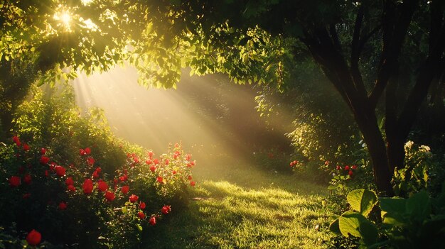 Photo the sun is shining through the trees and the sun is shining through the leaves