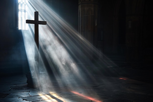 Sun is shining through the window of a dark church creating sunbeams lighting a wooden cross