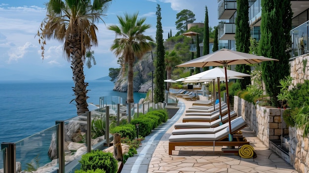 Sun lounger on the blue sea beach with palm trees vacation on beach