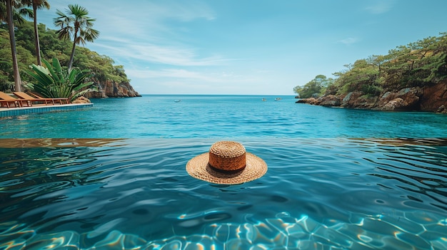 Sun lounger on the blue sea beach with palm trees vacation on beach