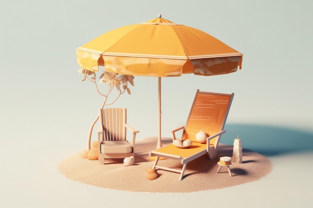 Sun lounger and umbrella in a sunny beach 3D Render Generative AI