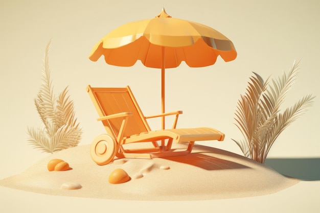 Sun lounger and umbrella in a sunny beach 3D Render Generative AI