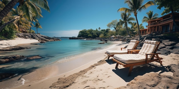 sun loungers on the Cote d'Azur palm trees Generative AI