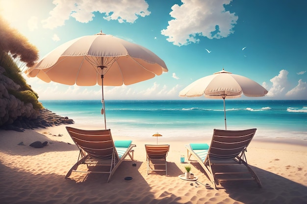 sun loungers and a parasol by the sea