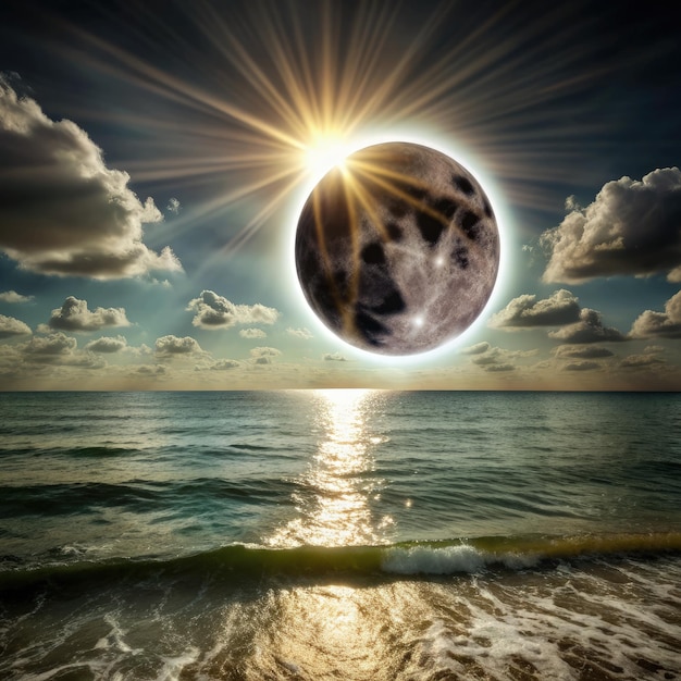 Photo sun and moon eclipse over the ocean at sunset generative ai