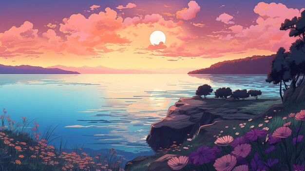 Sun over peaceful lake with vibrant wildflowers ai generated 2D cartoon illustration