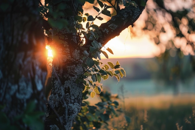 The sun peeking through the leaves of a tree