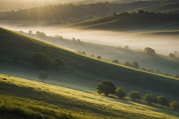 Sun rays breaking through layers of mist over rolling