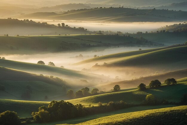 Sun rays breaking through layers of mist over rolling