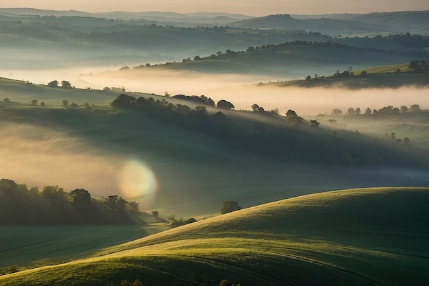 Sun rays breaking through layers of mist over rolling