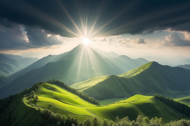 Sun Rays Over Lush Green Mountains