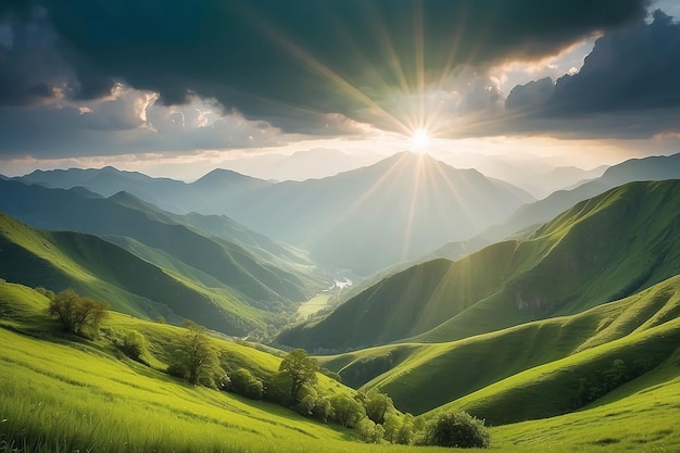 Photo sun rays over lush green mountains