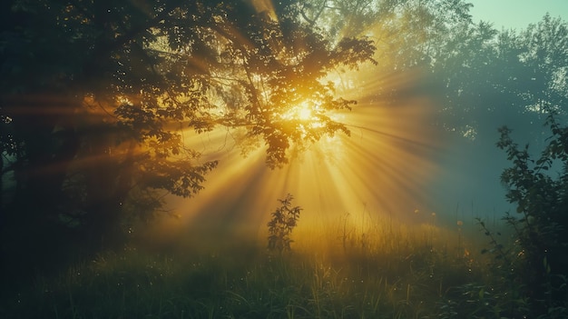 Sun rays piercing through misty forest trees