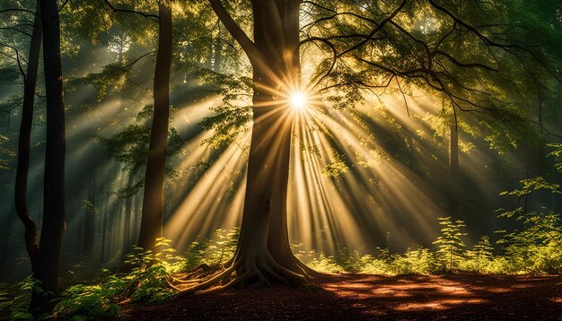 Sun rays shining through the branches of a tree in the forest