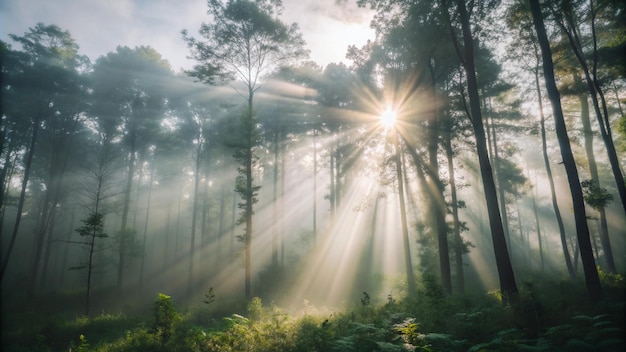 Photo sun rays through the trees