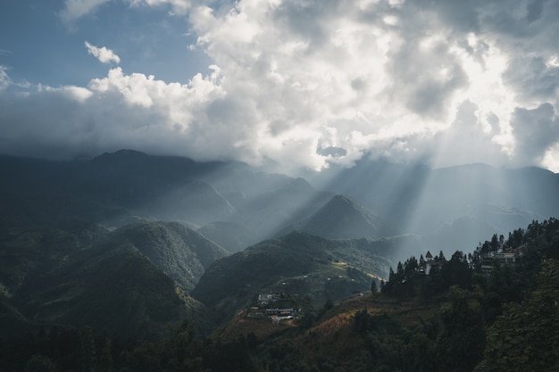 Sun rays over the town of Sa Pa Vietnam