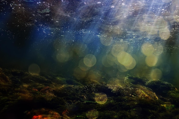 sun rays under water landscape, seascape fresh water river diving