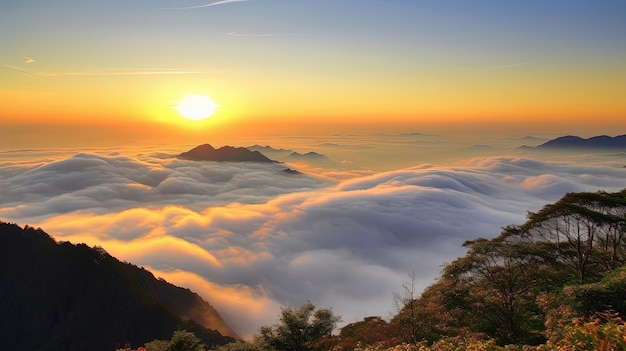 The sun rises over the clouds and the sun is shining.