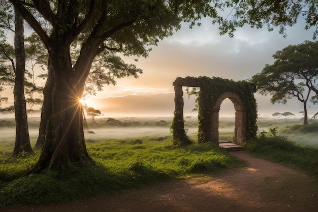 the sun rises over a field of grass and trees