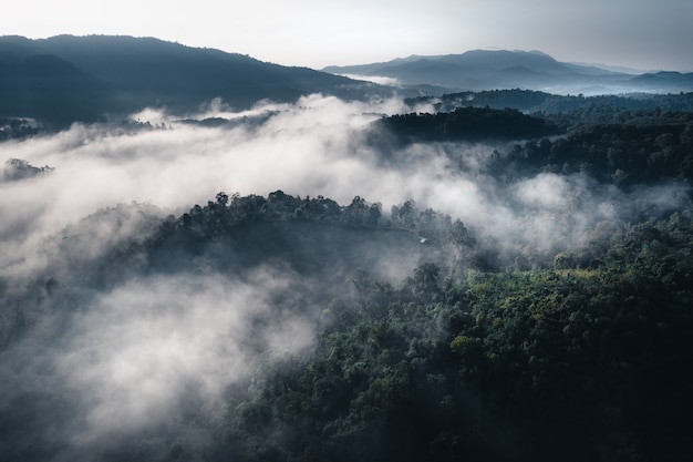 The sun rises in the mist and mountains in the morning,morning fog