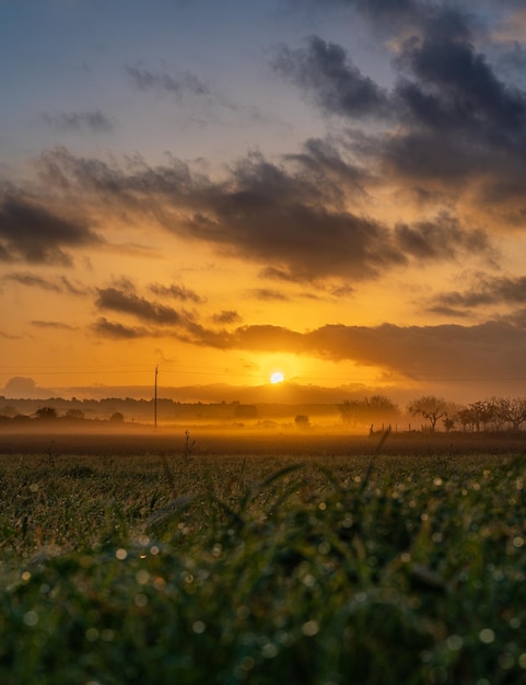 Sun rising over the clouds casting light on the countryside and the fog. Majorca, Spain