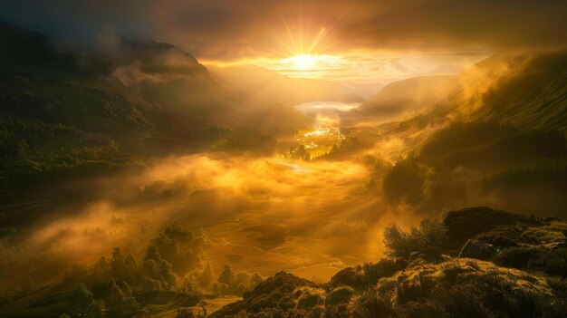 The sun rising over a misty valley casting a golden glow over the landscape