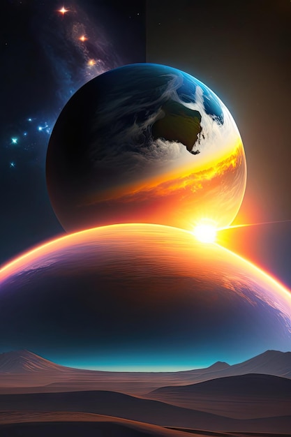 Sun rising over planet earth in space Planet view with moon horizon Astronomy background