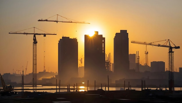 The sun rising behind a silhouette of cranes and unfinished buildings at a construction site