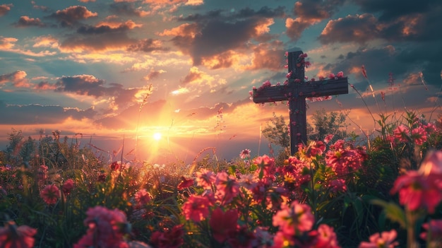 Sun rising behind a wooden cross adorned with fresh spring flowers Easter morning