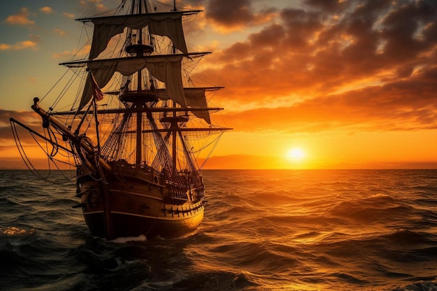 Sun Behind the Sails of a Lone Ship