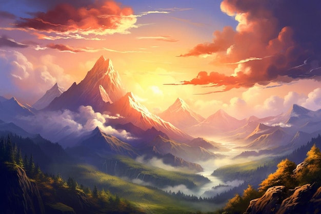 Sun Set Painting Clouds Over Peaks Sun Wallpaper