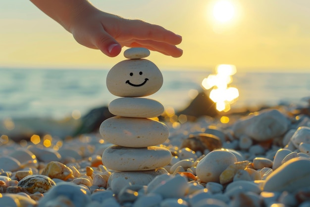 Photo the sun sets as a hand places a pebble on a stacked tower of stones with a smiley face creating a picturesque seaside moment