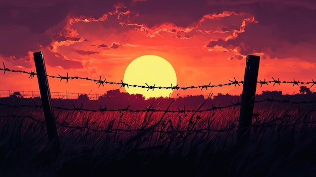 The sun sets bathing a barbed wire fence in a warm glow