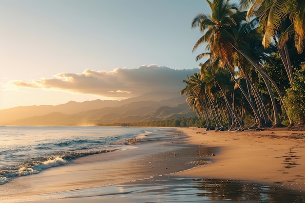 the sun sets on a beach