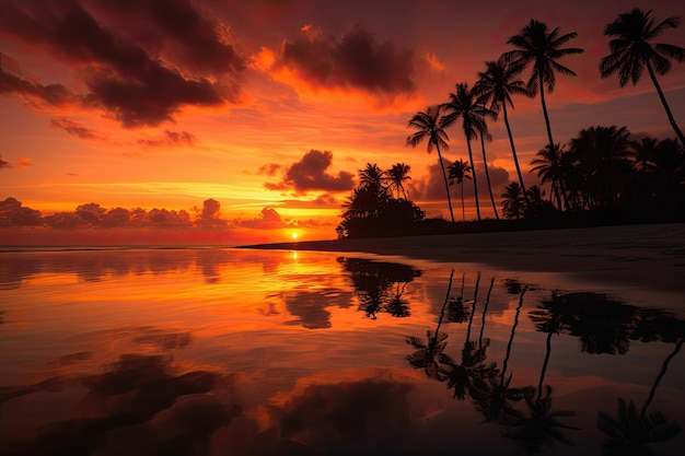 Sun sets over calm sea and palm trees sky in warm tones generative IA