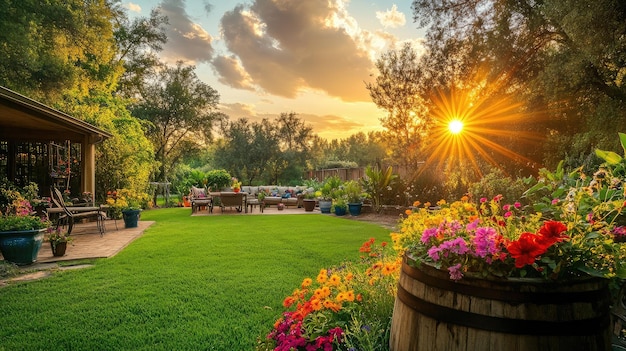 Photo the sun sets over a garden with a fence and flowers