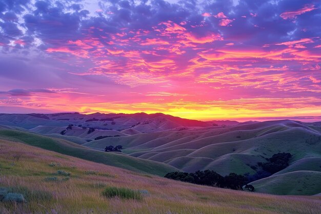 Photo the sun sets over the hills and valleys casting a vibrant glow across the landscape a vibrant sunset over rolling hills