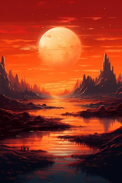 The sun sets over a lake, the moon is rising over the horizon.