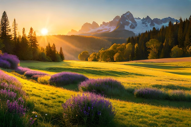 The sun sets over a meadow with mountains in the background.