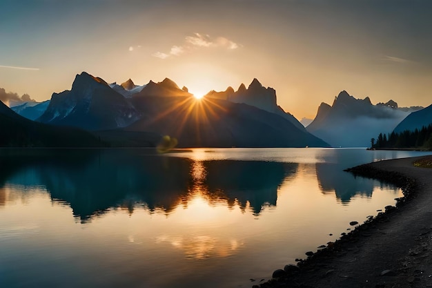 The sun sets over a mountain lake