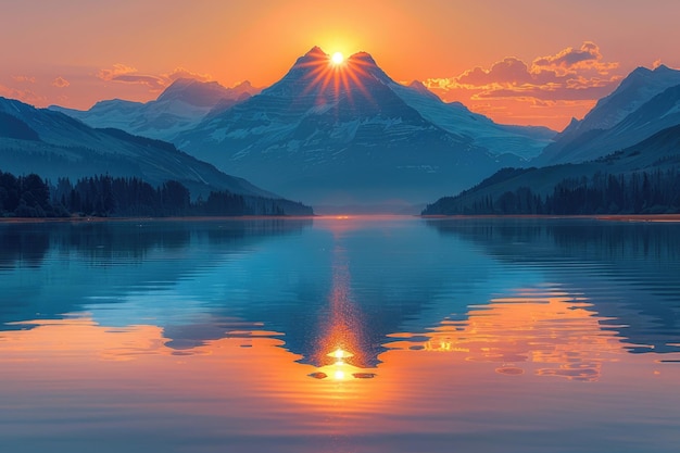 Sun sets behind mountain mirrored perfectly on lakes glassy surface