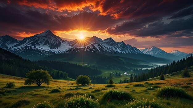 Photo the sun sets over a mountain range