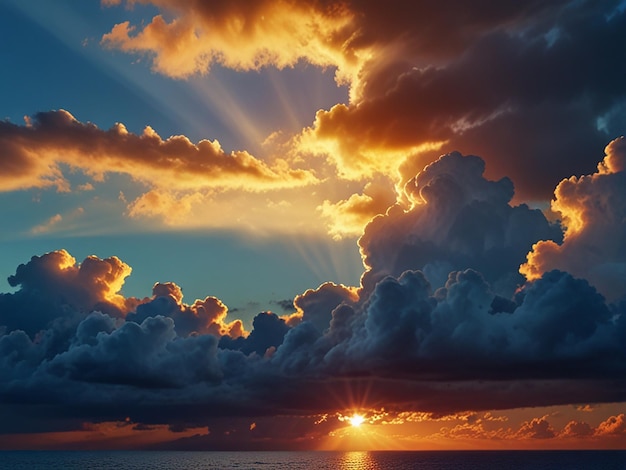 the sun sets over the ocean with clouds and the sun setting behind them