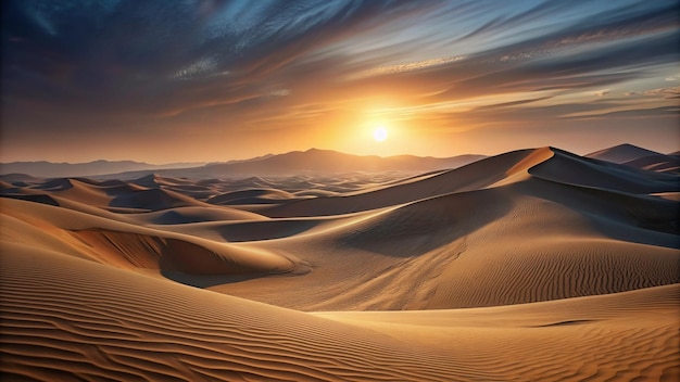 the sun sets over the sand dunes