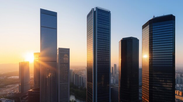 The sun sets behind towering skyscrapers casting a warm glow over the modern cityscape as daylight fades into twilight