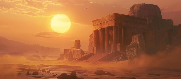 Sun Setting Over Ancient Ruins in the Desert