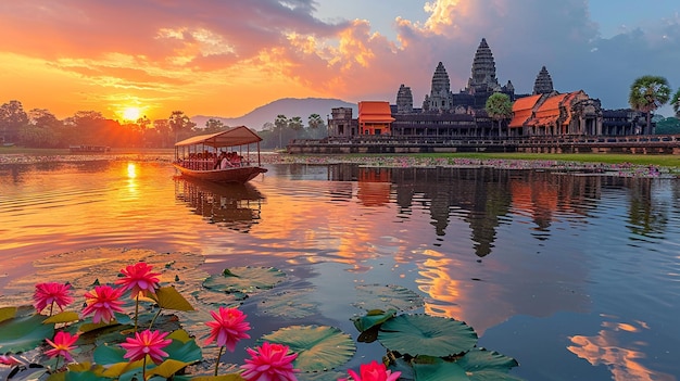 sun setting over the ancient temples of Angkor Wat in Cambodia